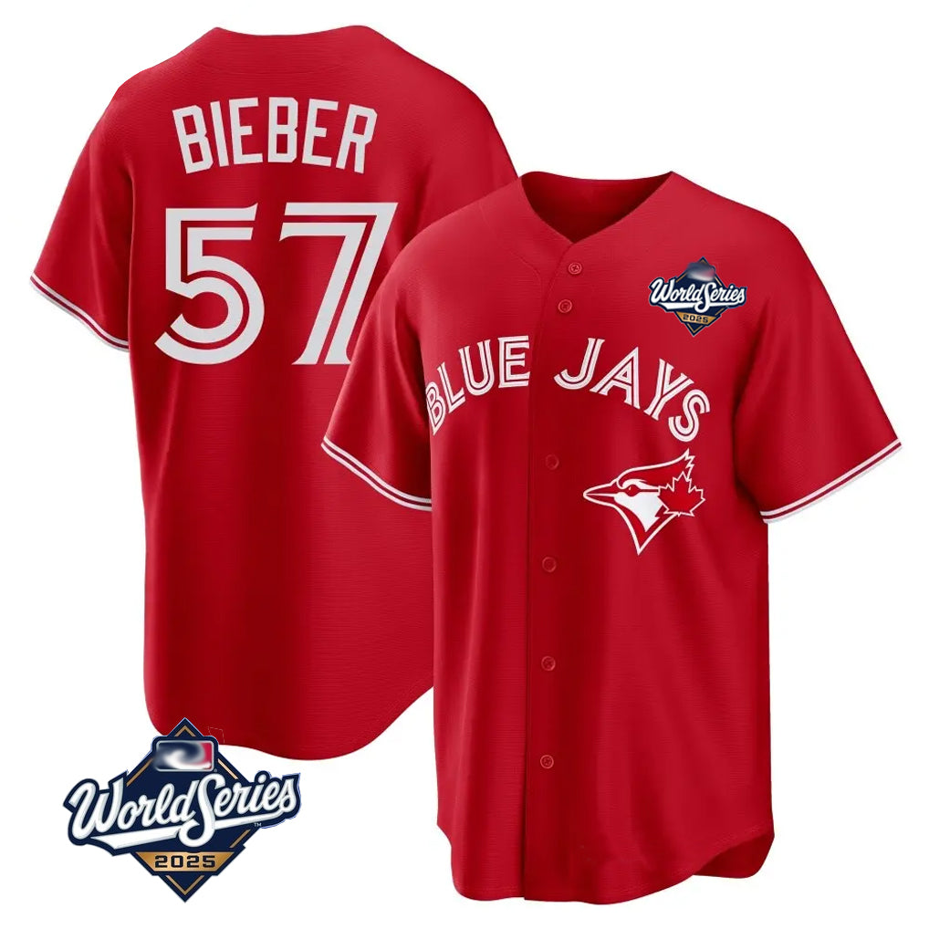 Odoa T.Blue Jays #57 Shane Bieber Player Red 2025 World Series All Stitched Jerseys