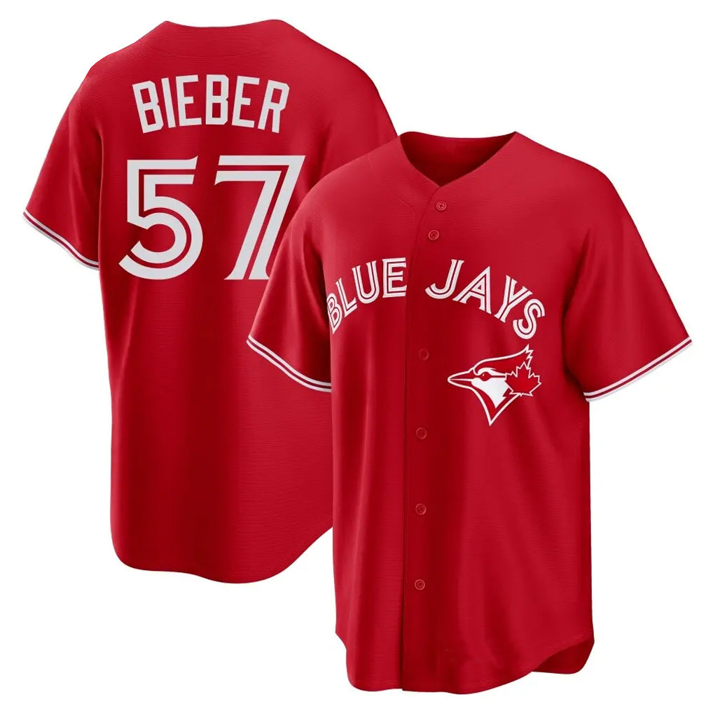 Odoa T.Blue Jays #57 Shane Bieber Player Red Home Stitched Jerseys