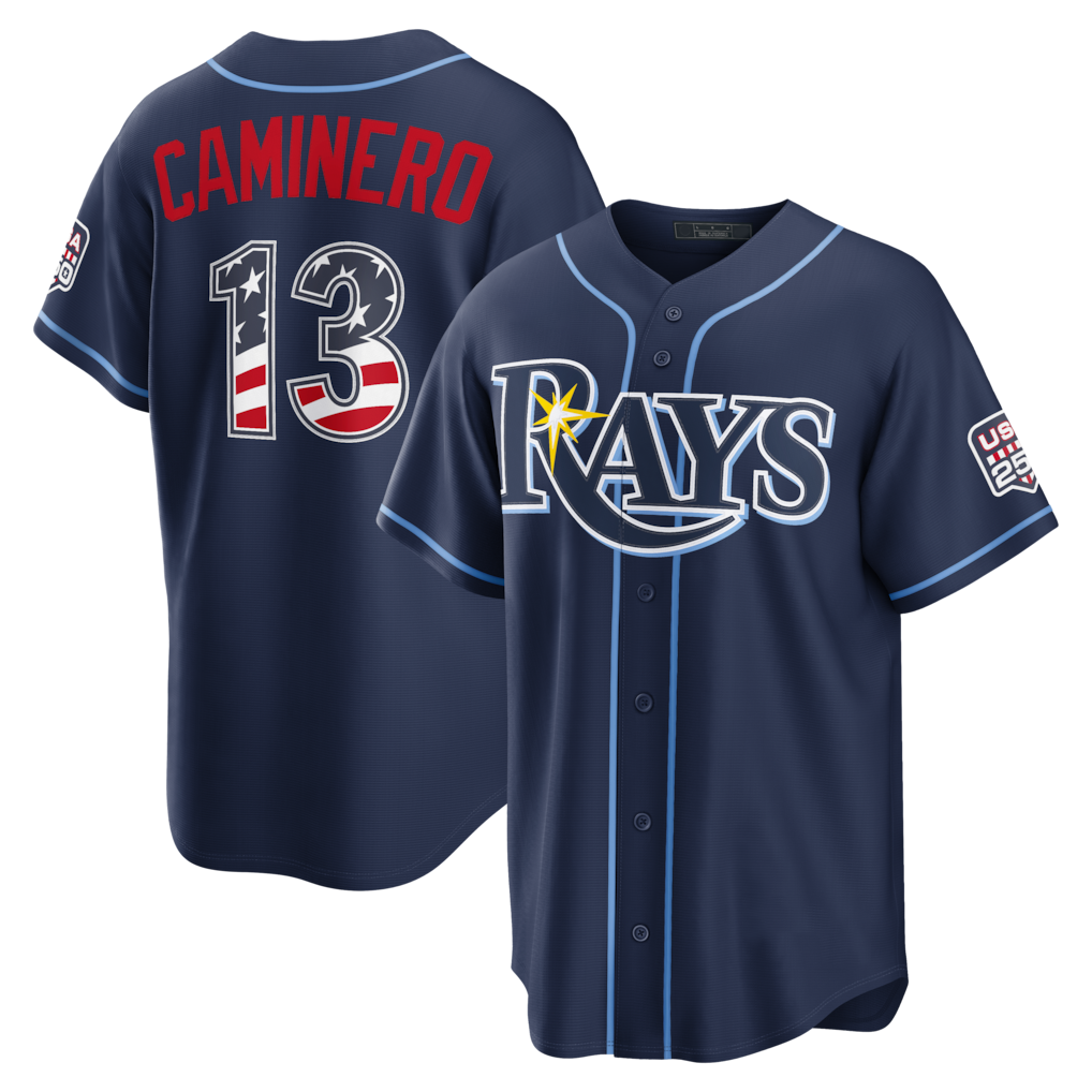 Odoa TB.Rays #13 Junior Caminero Navy USA 250 Fourth of July Road Stadium Jersey