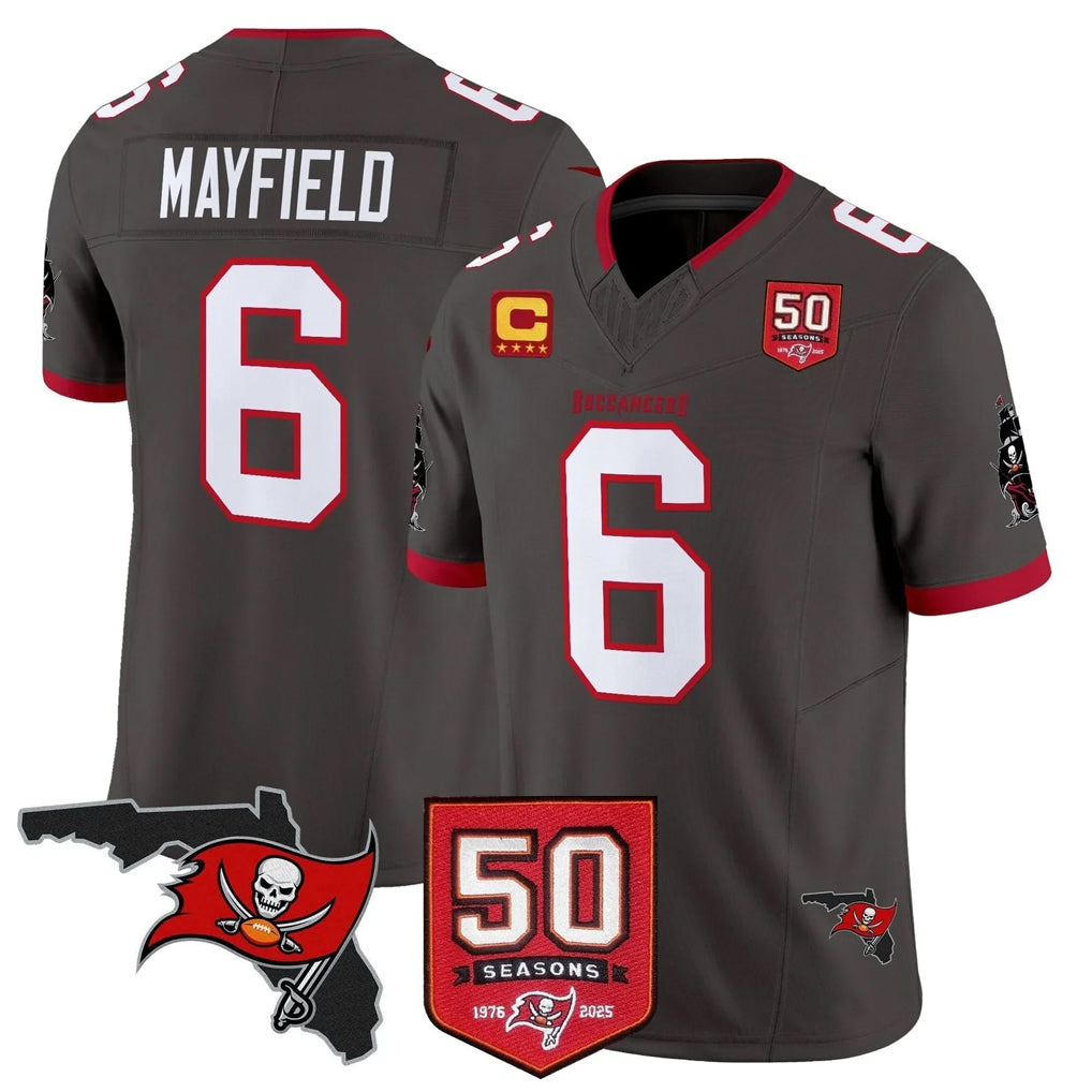TB.Buccaneers #6 Baker Mayfield Player Pewter 50th Season Vapor Limited Home Game Odoa Stitched Jerseys