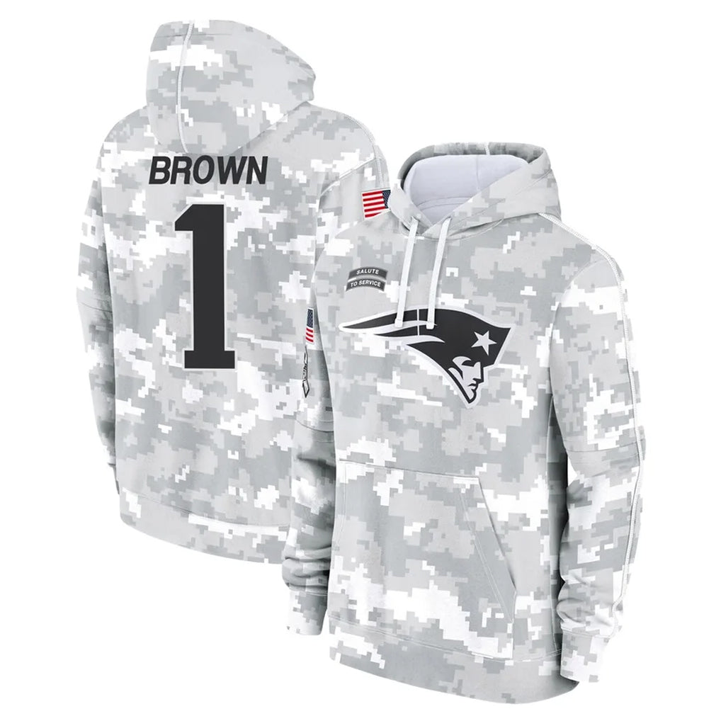 NE.Patriots #1 A.J. Brown Player Arctic Camo Salute to Service Pullover Hoodies Limited Game Odoa Stitched Jerseys