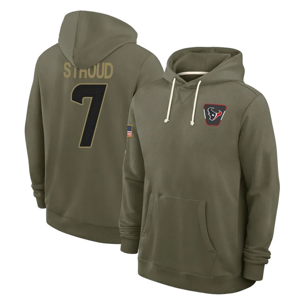 H.Texans #7 CJ Stroud Player Olive Salute to Service Pullover Hoodies Limited Odoa Stitched Jerseys