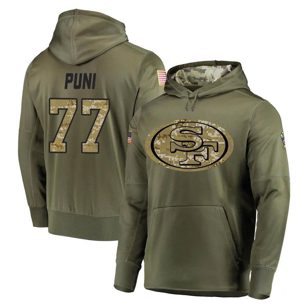 SF.49ers #77 Dominick Puni Player Olive Salute to Service Pullover Hoodie Home Game Odoa Stitched Jerseys