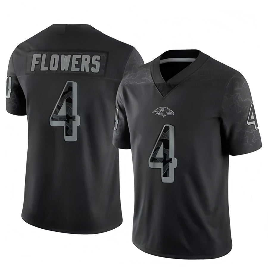 B.Ravens #4 Zay Flowers Player Black REFLECTIVE Limited Odoa Stitched Jerseys