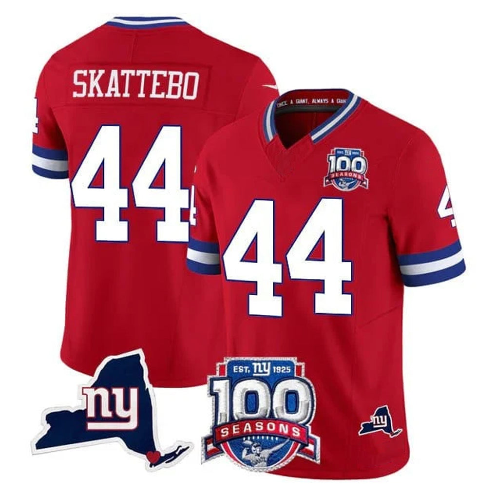 NY.Giants #44 Cam Skattebo Player Red 100th Season & State Patch Vapor Limited Home Game Odoa Stitched Jerseys