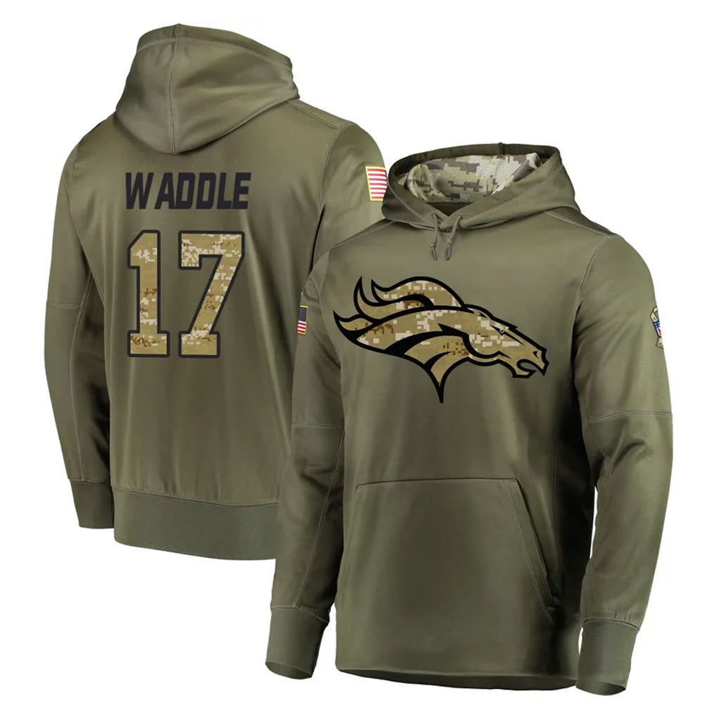D.Broncos #17 Jaylen Waddle Player Olive Salute to Service Pullover Hoodies Home Game Odoa Stitched Jerseys