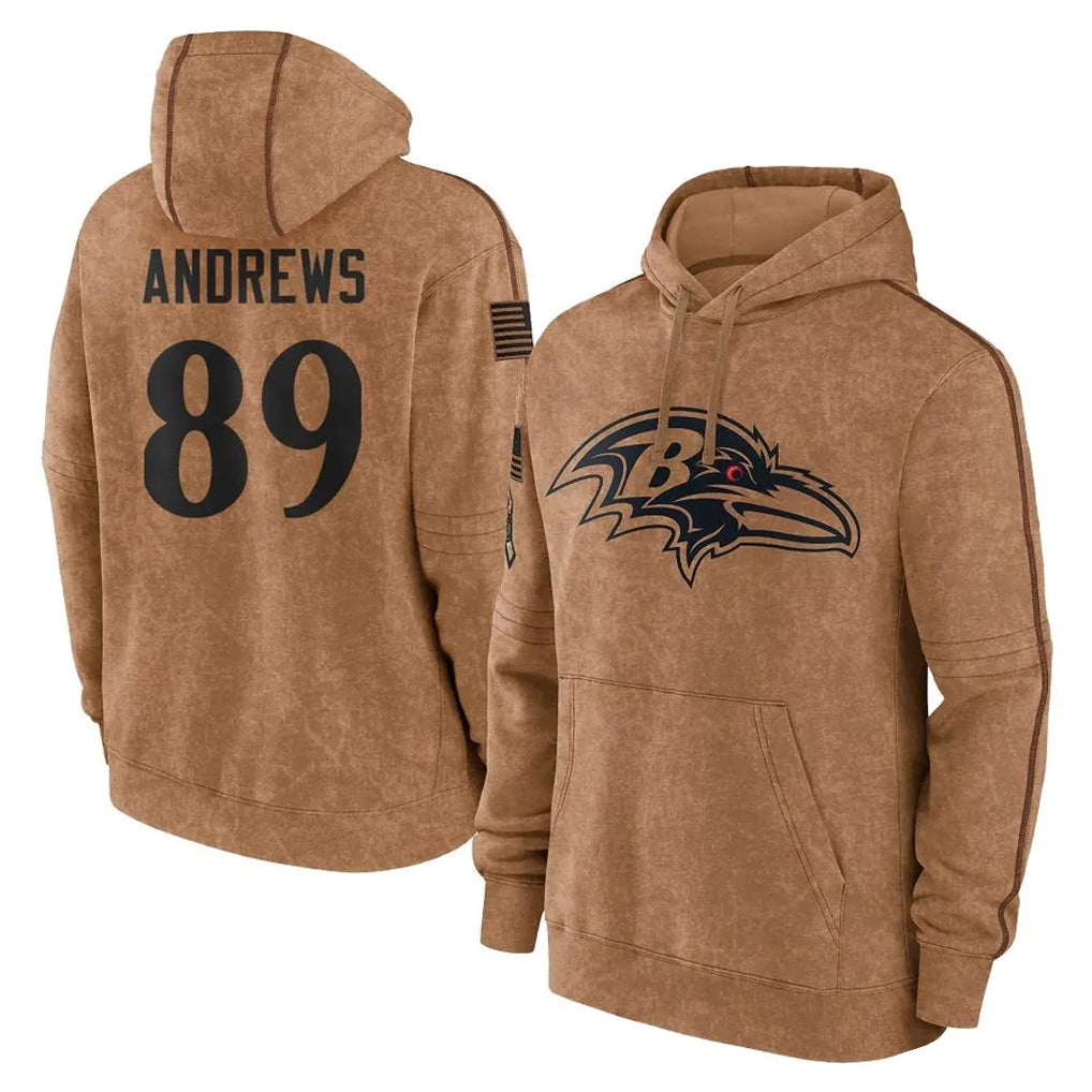 B.Ravens #89 Mark Andrews Player Brown Salute to Service Pullover Hoodie Odoa Stitched Jerseys