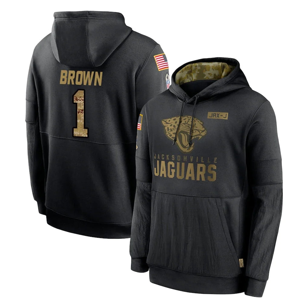 J.Jaguars #1 Montaric Brown Player Black Salute to Service Hoodies Limited Game Odoa Stitched Jerseys