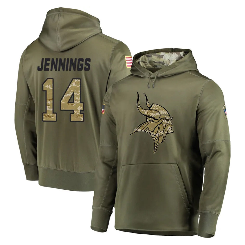M.Vikings #14 Jauan Jennings Player Olive Salute to Service Pullover Hoodies Home Game Odoa Stitched Jerseys