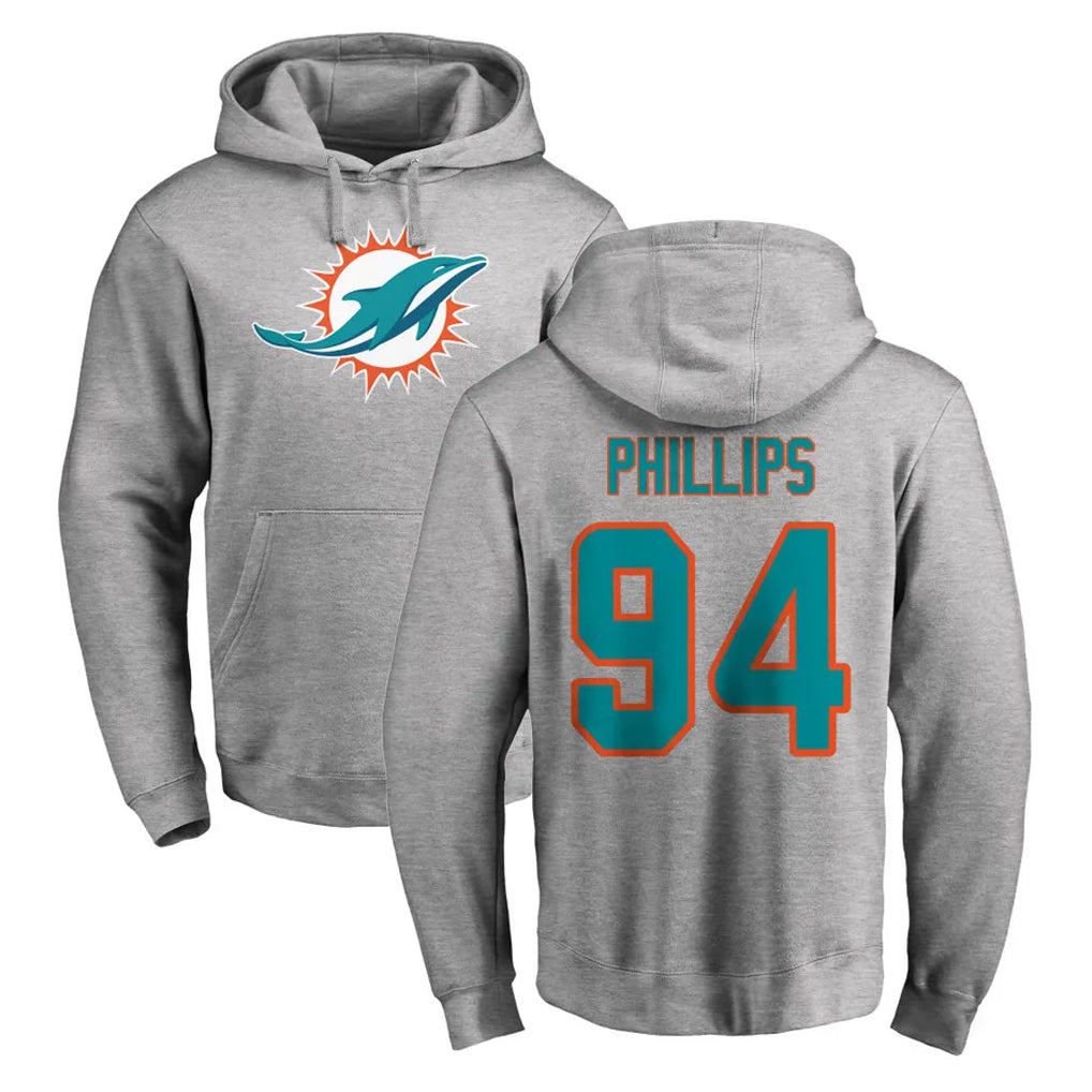 M.Dolphins #94 Jordan Phillips Player Gray LOGO Pullover Hoodies Limited Odoa Stitched Jerseys
