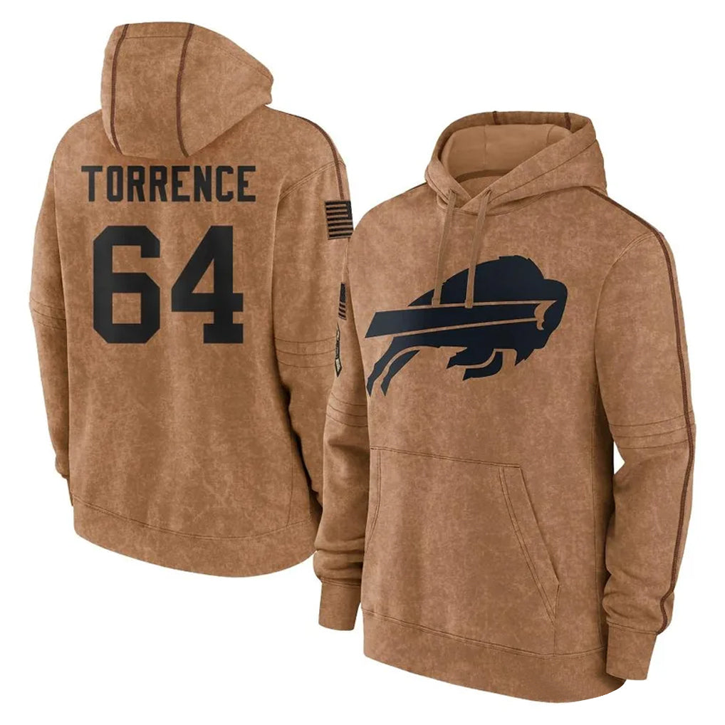B.Bills #64 O'Cyrus Torrence Player Brown Salute to Service Hoodies Odoa Stitched Jerseys