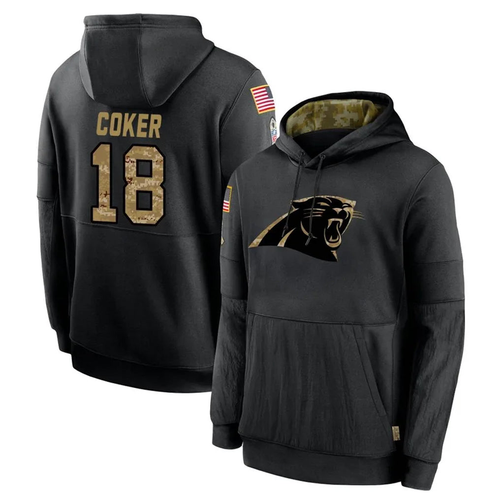 C.Panthers #18 Jalen Coker Player Black Salute to Service Pullover Hoodies Limited Game Odoa Stitched Jerseys