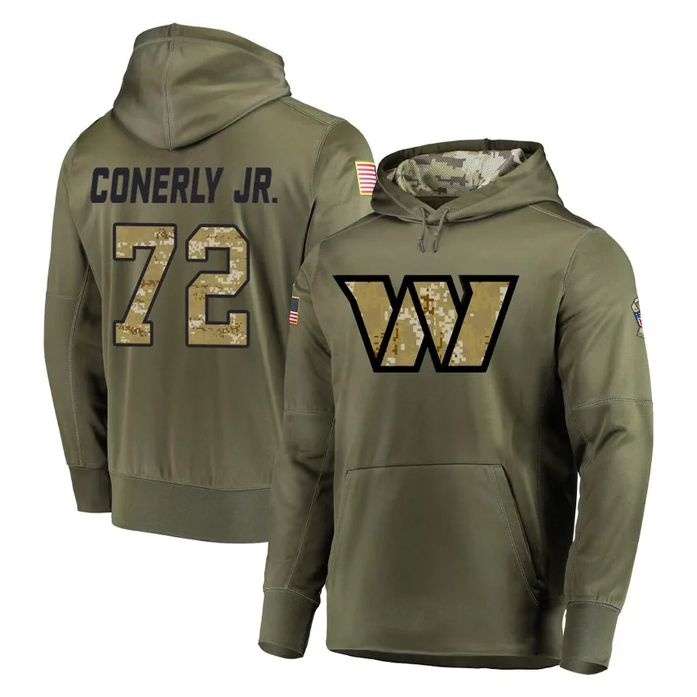 W.Commanders #72 Josh Conerly Jr. Player Olive Salute to Service Pullover Hoodie Limited Home Game Odoa Stitched Jerseys