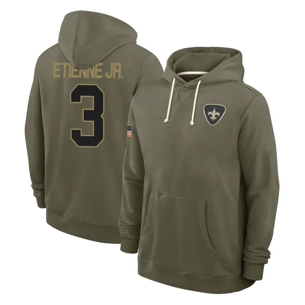 NO.Saints #3 Travis Etienne Jr. Player Olive Salute to Service Pullover Hoodies Limited Odoa Stitched Jerseys