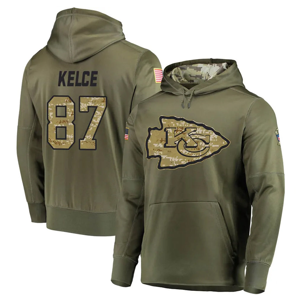 KC.Chiefs #87 Travis Kelce Player Olive Salute to Service Pullover Hoodies Home Game Odoa Stitched Jerseys