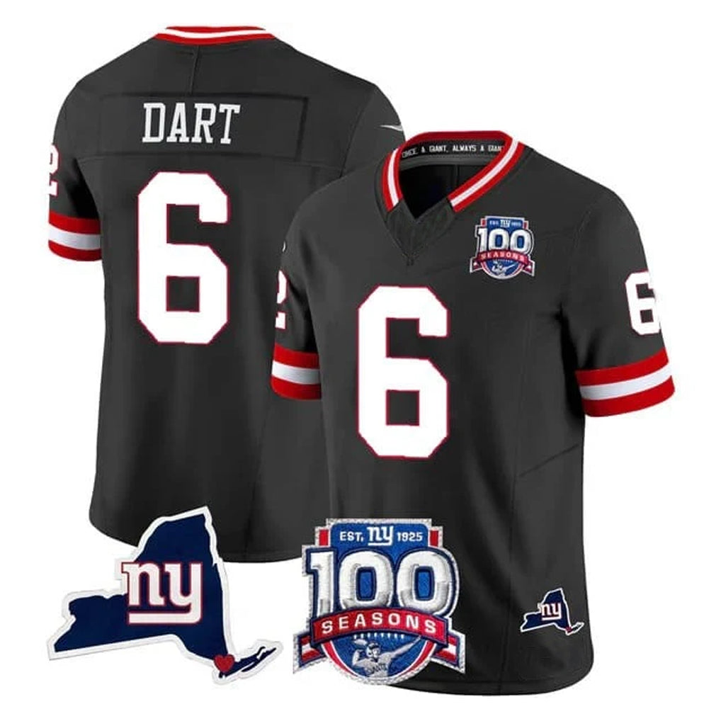 NY.Giants #6 Jaxson Dart Player Black 100th Season & State Patch Vapor Limited Home Game Odoa Stitched Jerseys
