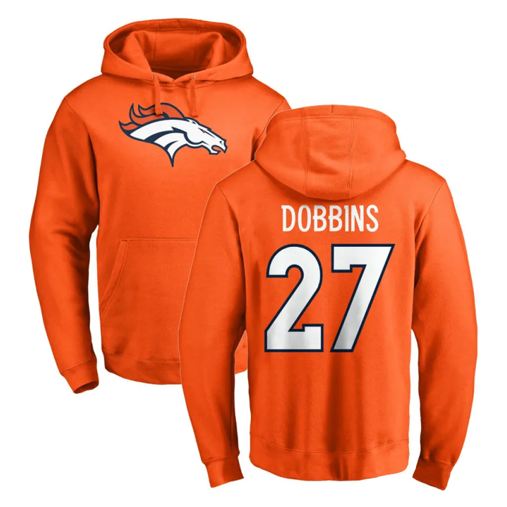 D.Broncos #27 J.K. Dobbins Player Orange Pullover Hoodie Limited Odoa Stitched Jerseys