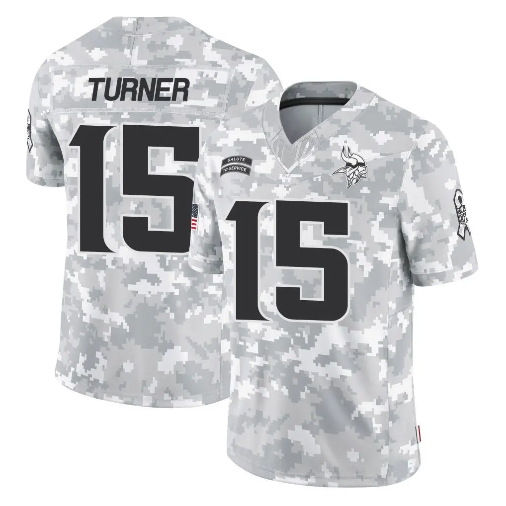 M.Vikings #15 Dallas Turner Player Arctic Camo Salute To Service Limited Game Odoa Stitched Jerseys