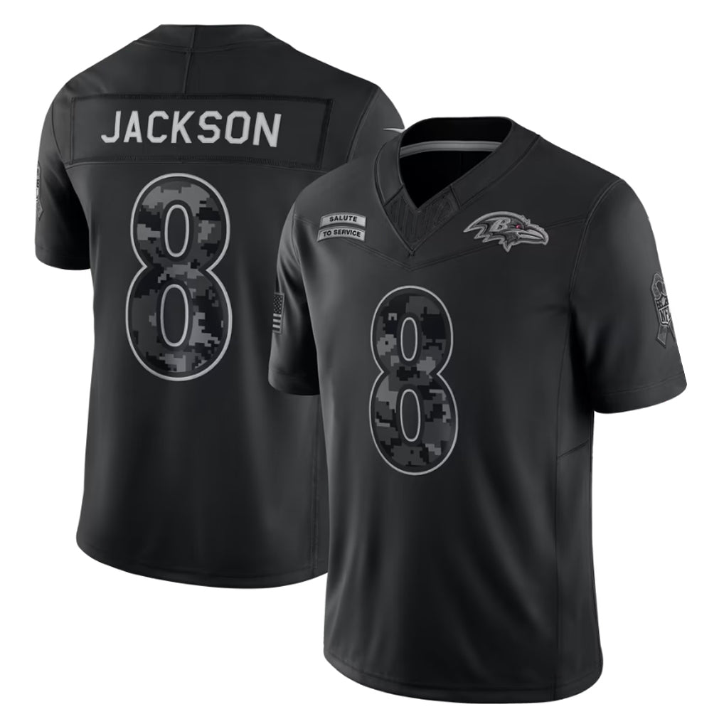 Odoa B.Ravens #8 Lamar Jackson Player Black Limited 2026 Salute to Service Home Game Stitched Jerseys