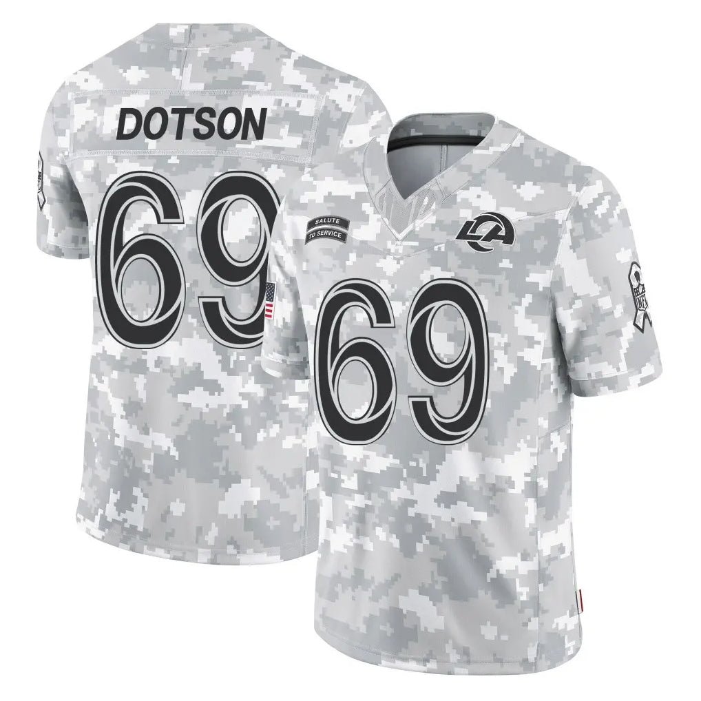 LA.Rams #69 Kevin Dotson Player Arctic Camo Salute To Service Limited Game Odoa Stitched Jerseys