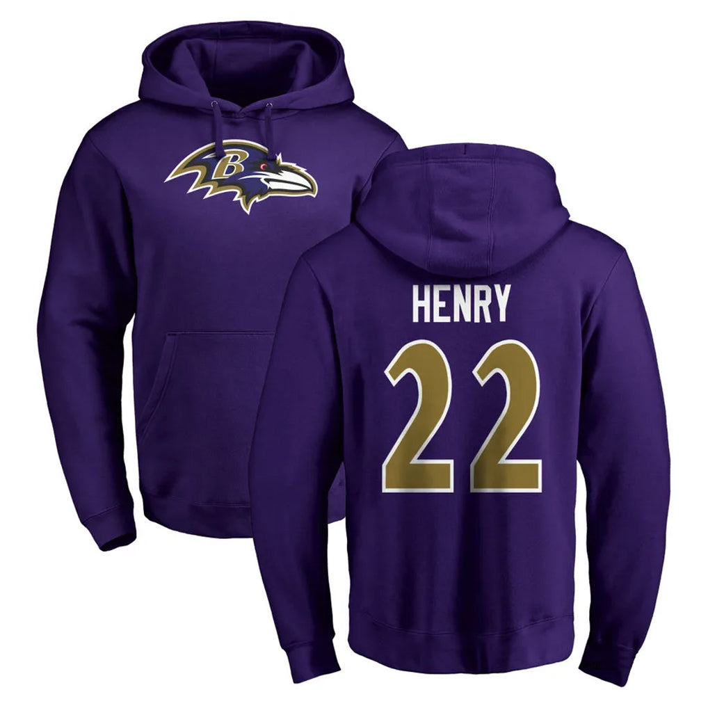 B.Ravens #22 Derrick Henry Player Purple Salute to Service Pullover Hoodie Odoa Stitched Jerseys