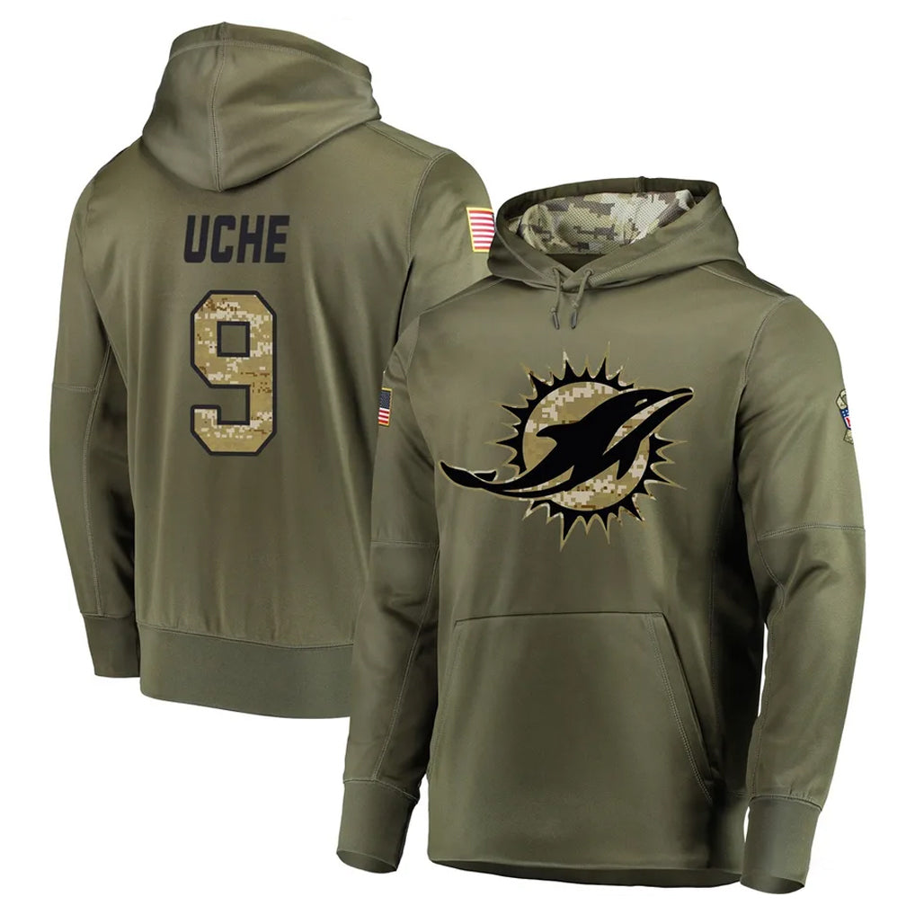 M.Dolphins #9 Joshua Uche Player Olive Salute to Service Pullover Hoodies Home Game Odoa Stitched Jerseys