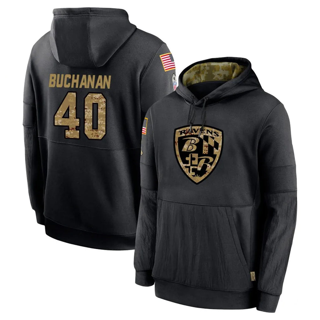 B.Ravens #40 Teddye Buchanan Player Black Salute to Service Pullover Hoodie Odoa Stitched Jerseys