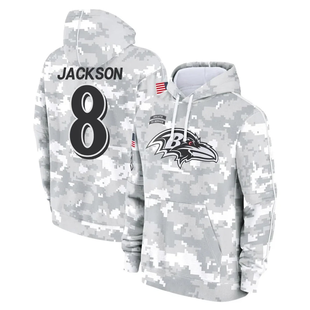 B.Ravens #8 Lamar Jackson Player Arctic Camo Salute to Service Pullover Hoodie Odoa Stitched Jerseys