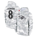 B.Ravens #8 Lamar Jackson Player Arctic Camo Salute to Service Pullover Hoodie Odoa Stitched Jerseys