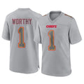 KC.Chiefs #1 Xavier Worthy Player Gray Atmosphere Fashion Game Odoa Stitched Jerseys