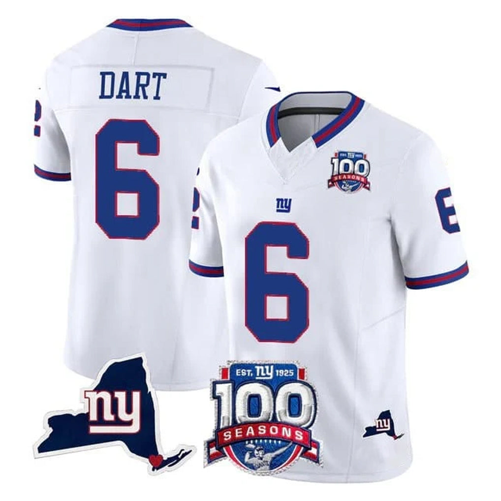NY.Giants #6 Jaxson Dart Player White 100th Season & State Patch Vapor Limited Home Game Odoa Stitched Jerseys