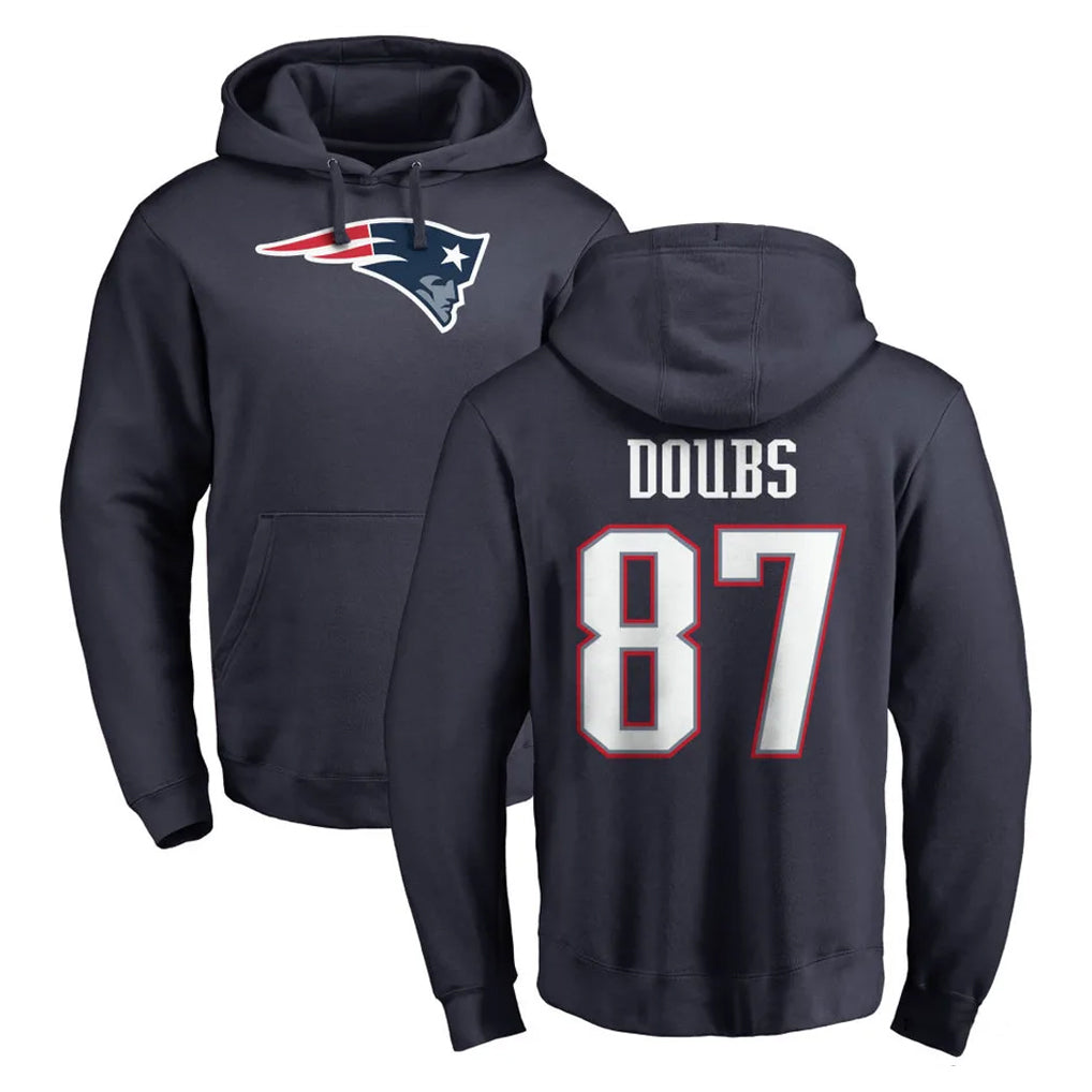 NE.Patriots #87 Romeo Doubs Player Navy LOGO Pullover Hoodies Home Game Odoa Stitched Jerseys