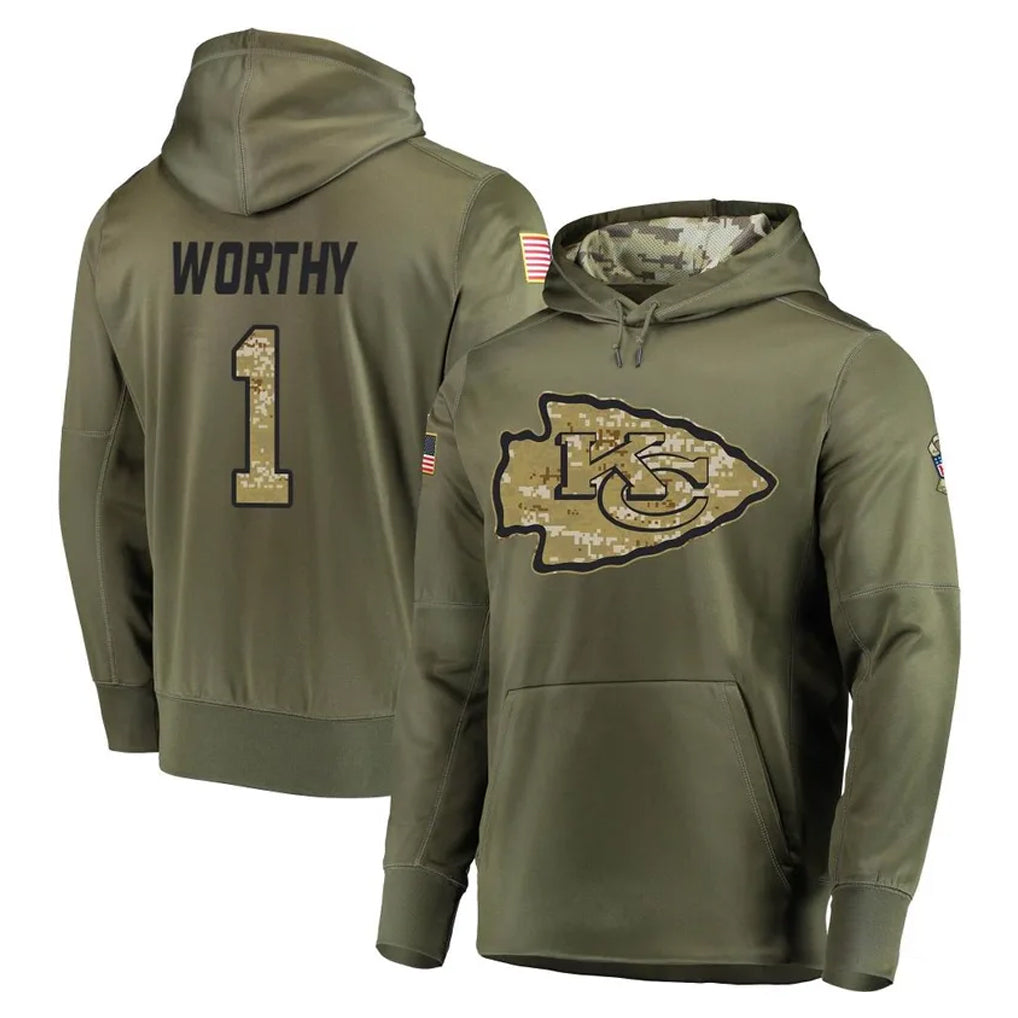 KC.Chiefs #1 Xavier Worthy Player Olive Salute to Service Pullover Hoodies Home Game Odoa Stitched Jerseys