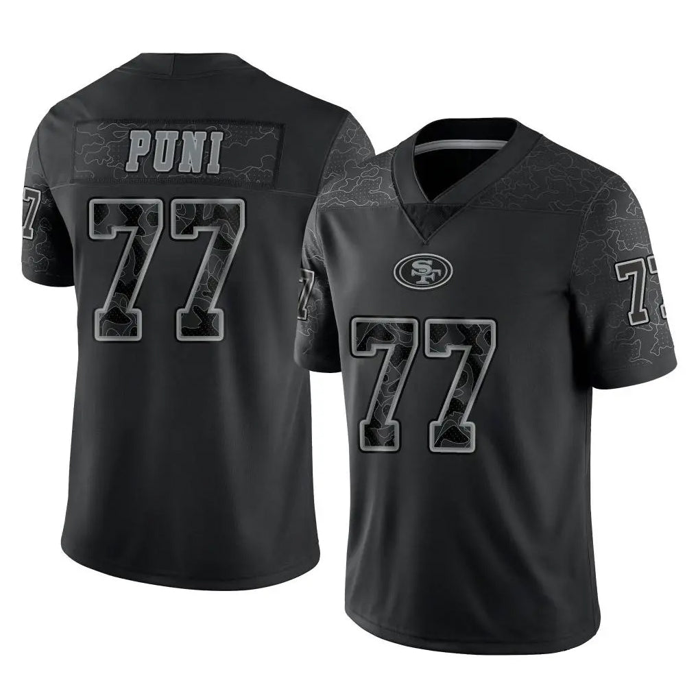 SF.49ers #77 Dominick Puni Player Black Limited Reflective Home Game Odoa Stitched Jerseys