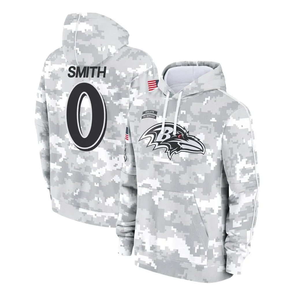 B.Ravens #0 Roquan Smith Player Arctic Camo Salute to Service Pullover Hoodie Odoa Stitched Jerseys