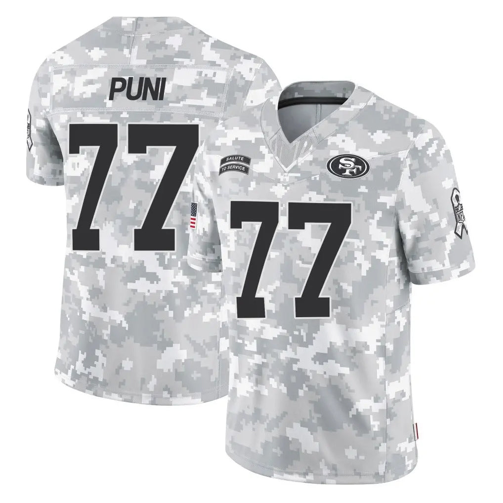 SF.49ers #77 Dominick Puni Player Arctic Camo Limited Salute To Service Home Game Odoa Stitched Jerseys