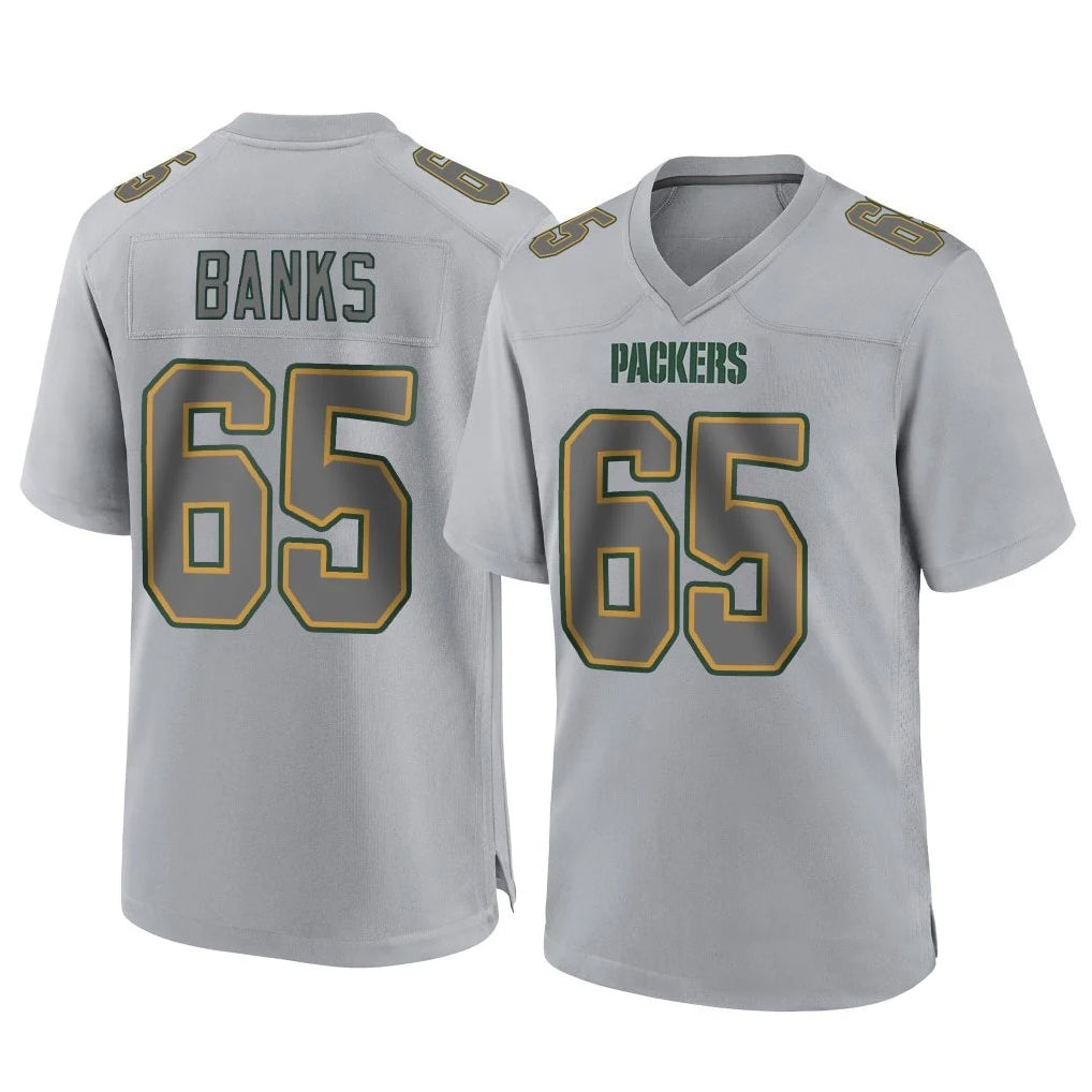 GB.Packers #65 Aaron Banks Player Gray Atmosphere Fashion Home Game Odoa Stitched Jerseys
