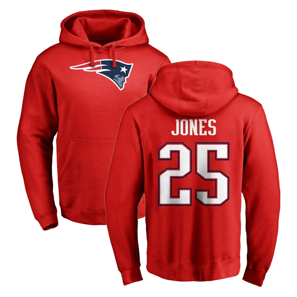NE.Patriots #25 Marcus Jones Player Red LOGO Pullover Hoodies Home Game Odoa Stitched Jerseys