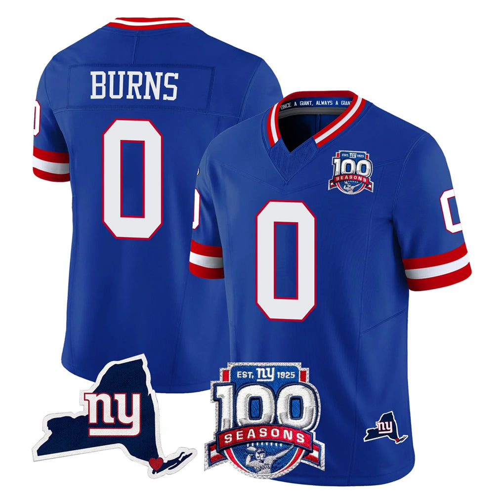 NY.Giants #0 Brian Burns Player Royal 100th Season & State Patch Vapor Limited Home Game Odoa Stitched Jerseys