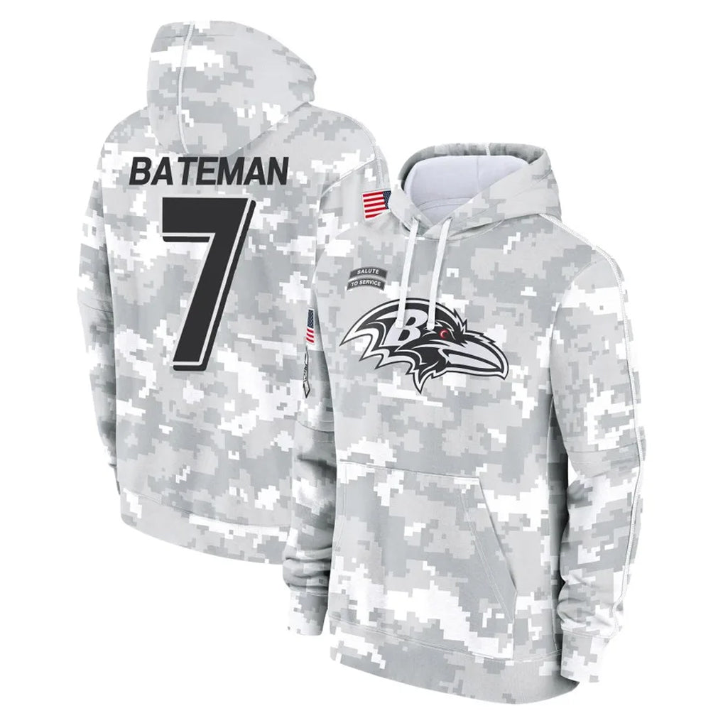 B.Ravens #7 Rashod Bateman Player Arctic Camo Salute to Service Pullover Hoodie Odoa Stitched Jerseys