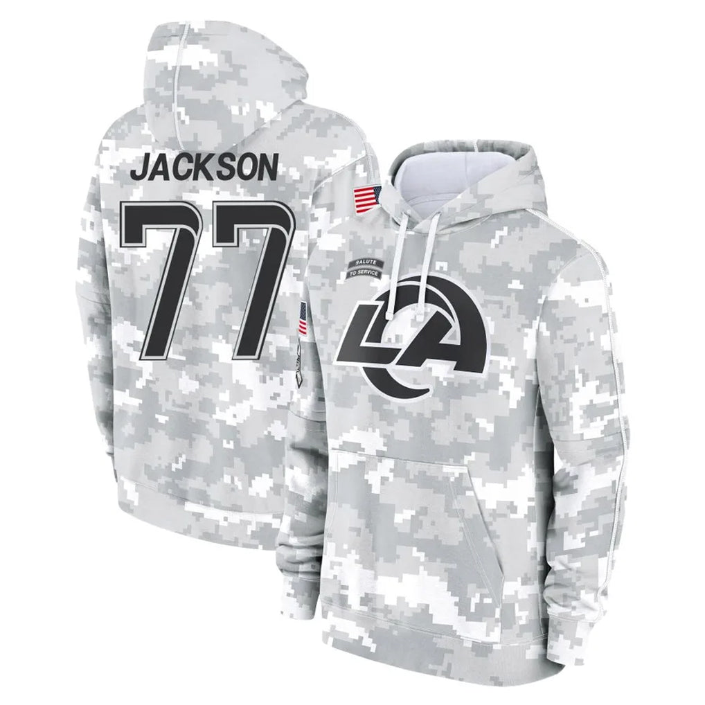 LA.Rams #77 Alaric Jackson Player Arctic Camo Salute to Service Hoodies Limited Game Odoa Stitched Jerseys