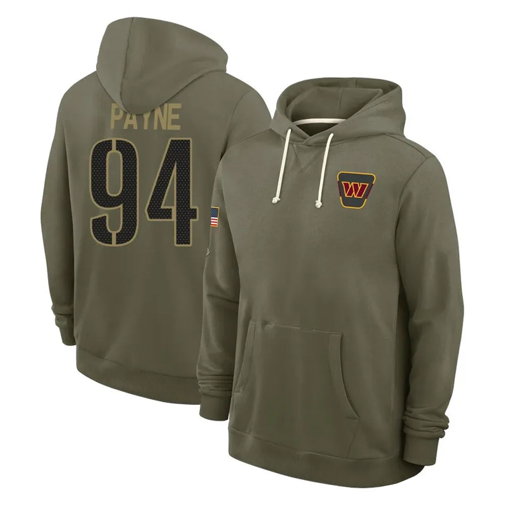 W.Commanders #94 Daron Payne Player Olive Salute to Service Pullover Hoodies Limited Home Odoa Stitched Jerseys