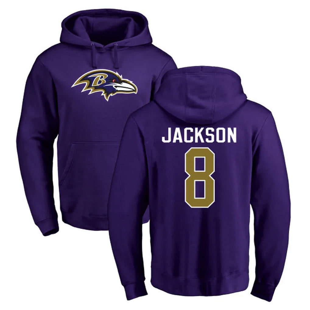 B.Ravens #8 Lamar Jackson Player Purple Salute to Service Pullover Hoodie Odoa Stitched Jerseys