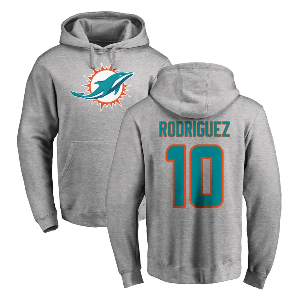 M.Dolphins #10 Jacob Rodriguez Player Gray LOGO Pullover Hoodies Limited Odoa Stitched Jerseys