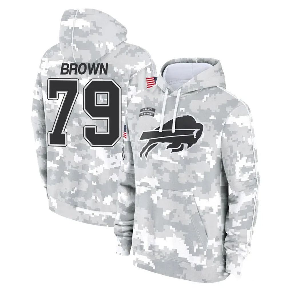 B.Bills #79 Spencer Brown Player Arctic Camo Salute to Service Hoodies Odoa Stitched Jerseys