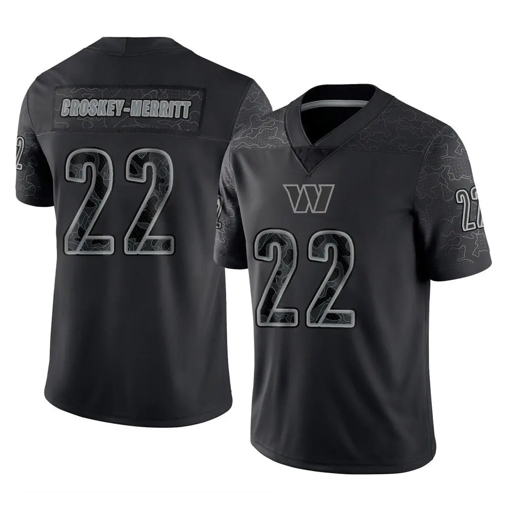 W.Commanders #22 Jacory Croskey-Merritt Player Black Limited Reflective Home Game Odoa Stitched Jerseys