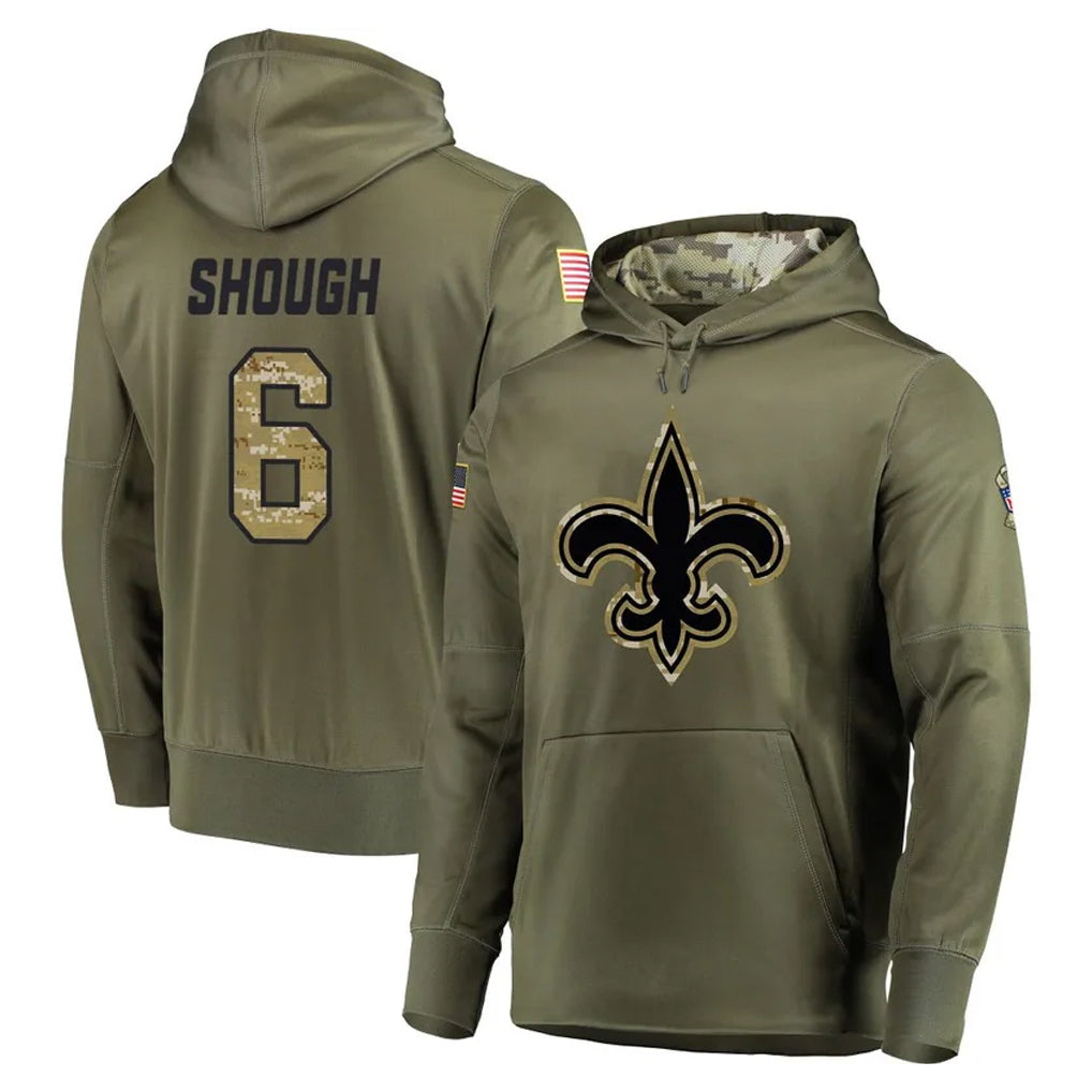 NO.Saints #6 Tyler Shough Player Olive Salute to Service Pullover Hoodies Home Game Odoa Stitched Jerseys