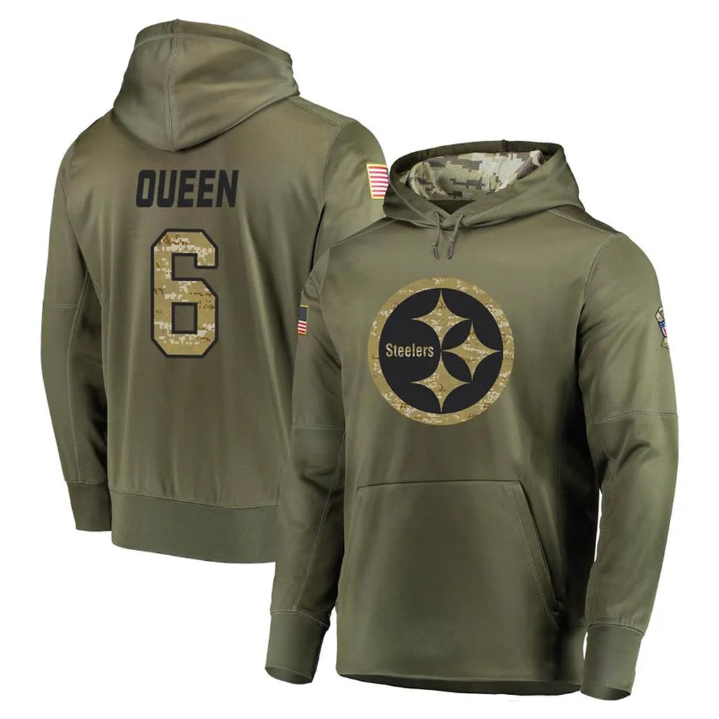 P.Steelers #6 Patrick Queen Player Olive Salute to Service Pullover Hoodie Home Game Odoa Stitched Jerseys