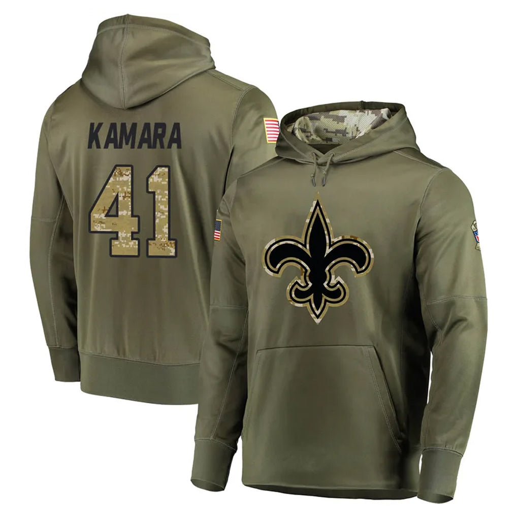 NO.Saints #41 Alvin Kamara Player Olive Salute to Service Pullover Hoodies Home Game Odoa Stitched Jerseys