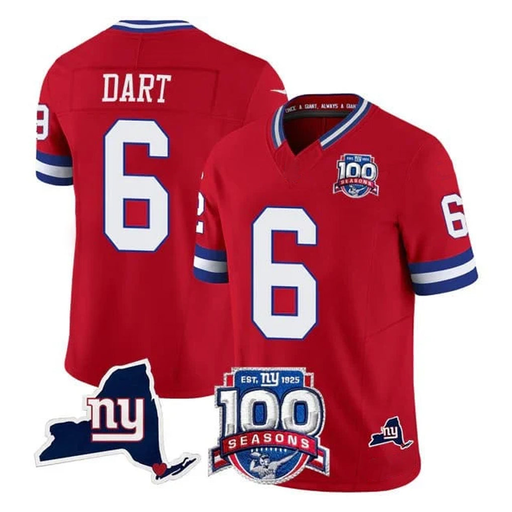 NY.Giants #6 Jaxson Dart Player Red 100th Season & State Patch Vapor Limited Home Game Odoa Stitched Jerseys